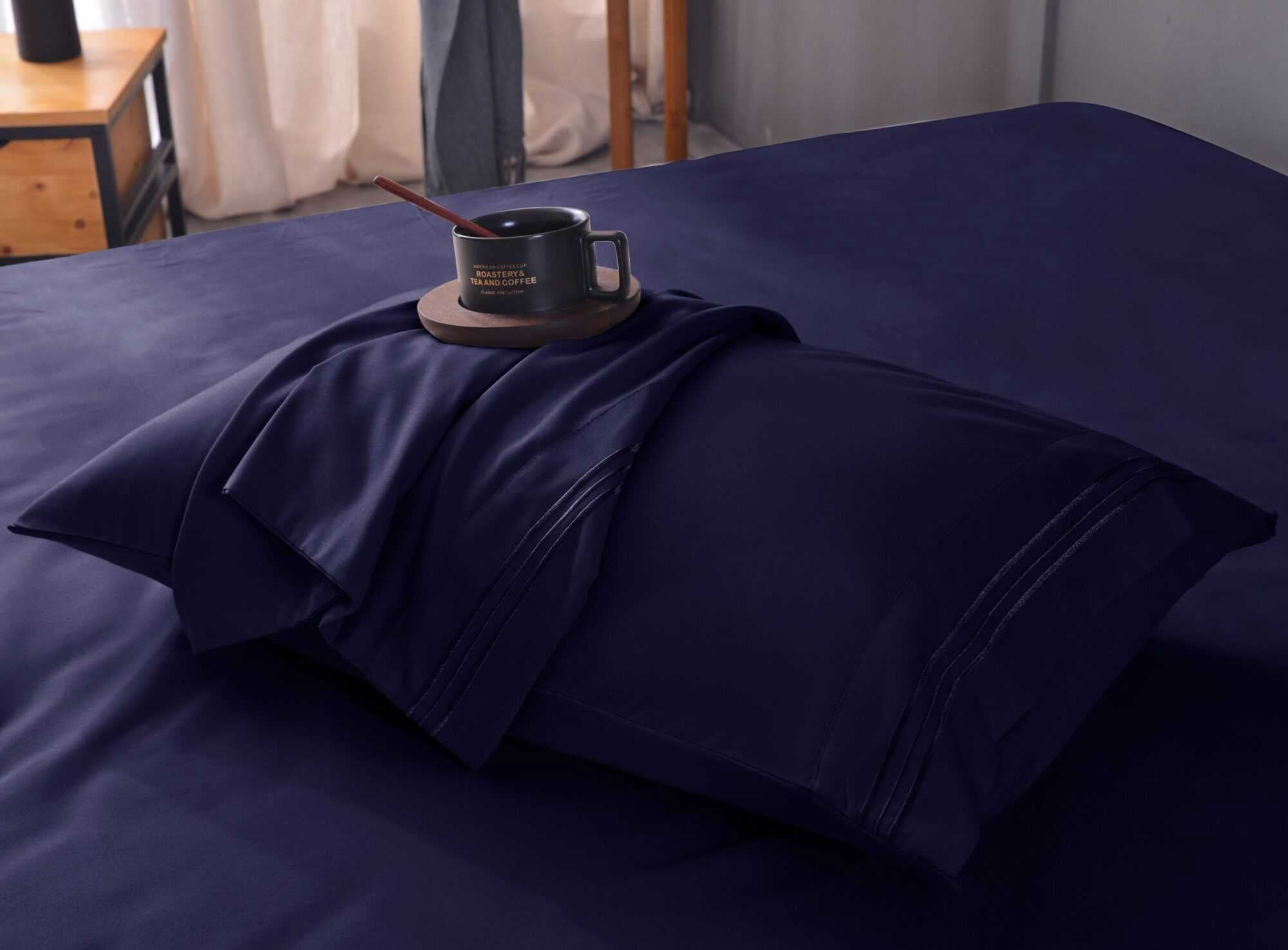 the Season Essentials Wrinkle Free Sheet Sets with Deep Pockets & Stain Resistant, 1800 Thread Count Bamboo Based – Navy, California King