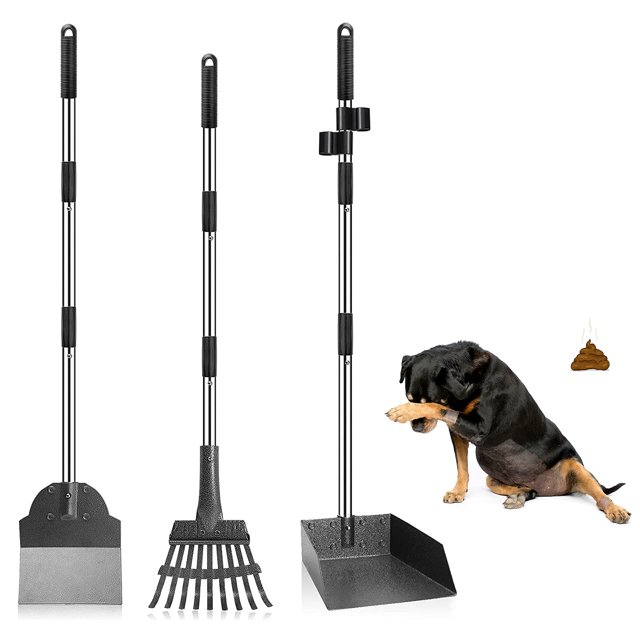 LUFFWELL Pelle à Caca pour Chien, Pelle à Caca à Manche Ajustable avec Plateau, Ensemble Râteau et Pelle de 3, Pelle à Caca en Acier Inoxydable pour Petits et Moyens Chiens,