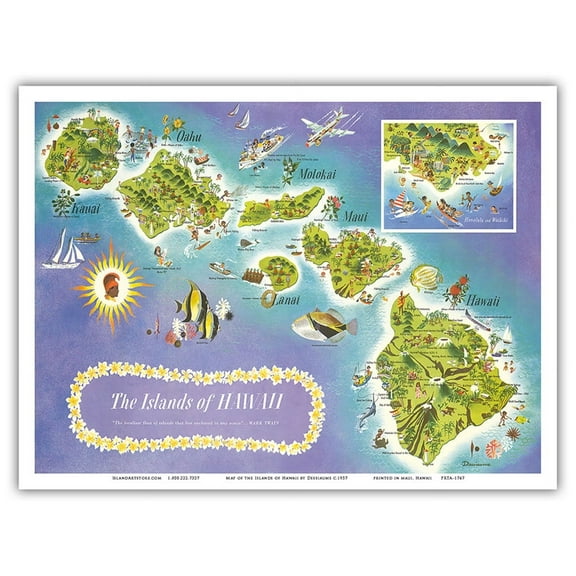 Map Islands of Hawaii - ‘The loveliest fleet of islands that lies anchored in any ocean’ -Mark Twain - Vintage Pictorial Map by Dessiaume c.1957 - Master Art Print (Unframed) 9in x 12in