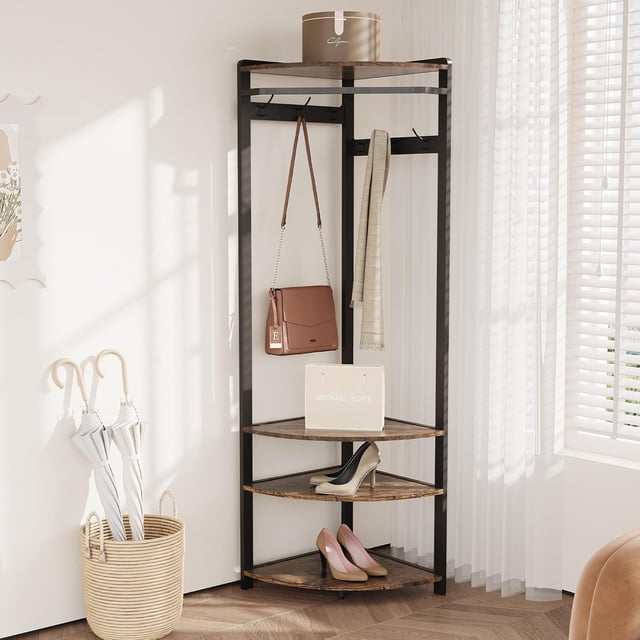 Bingirl Corner Coat Rack with Shoe Bench Entryway Corner Hall Tree with 6 Double Hooks Corner Clothes Rack with Storage Corner Tree with Organizer Shoe Bench Shelf for Entryway Hallway Closet