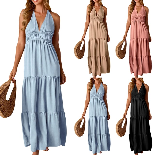 Sentmoon Robes d'Été Décontractées Sans Manches Col en V Mignonnes Robe Printemps Couleur Unie Coupe Régulière Robes de Plage Respirantes pour le Travail et le Bureau