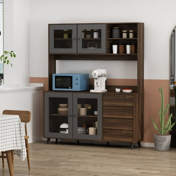 KULAGAG Home and Office Buffet and Hutch with Framed Glass Doors and Drawer, Baker's Rack for Kitchen with Storage Drawers, Kitchen Cabinet Microwave Stand, Coffee, 76.8"H