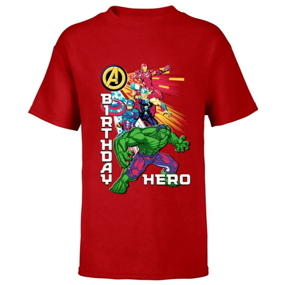 Marvel Super Heroes Avengers Team & Logo Birthday Hero - Short Sleeve T-Shirt for Kids - Customized-Red