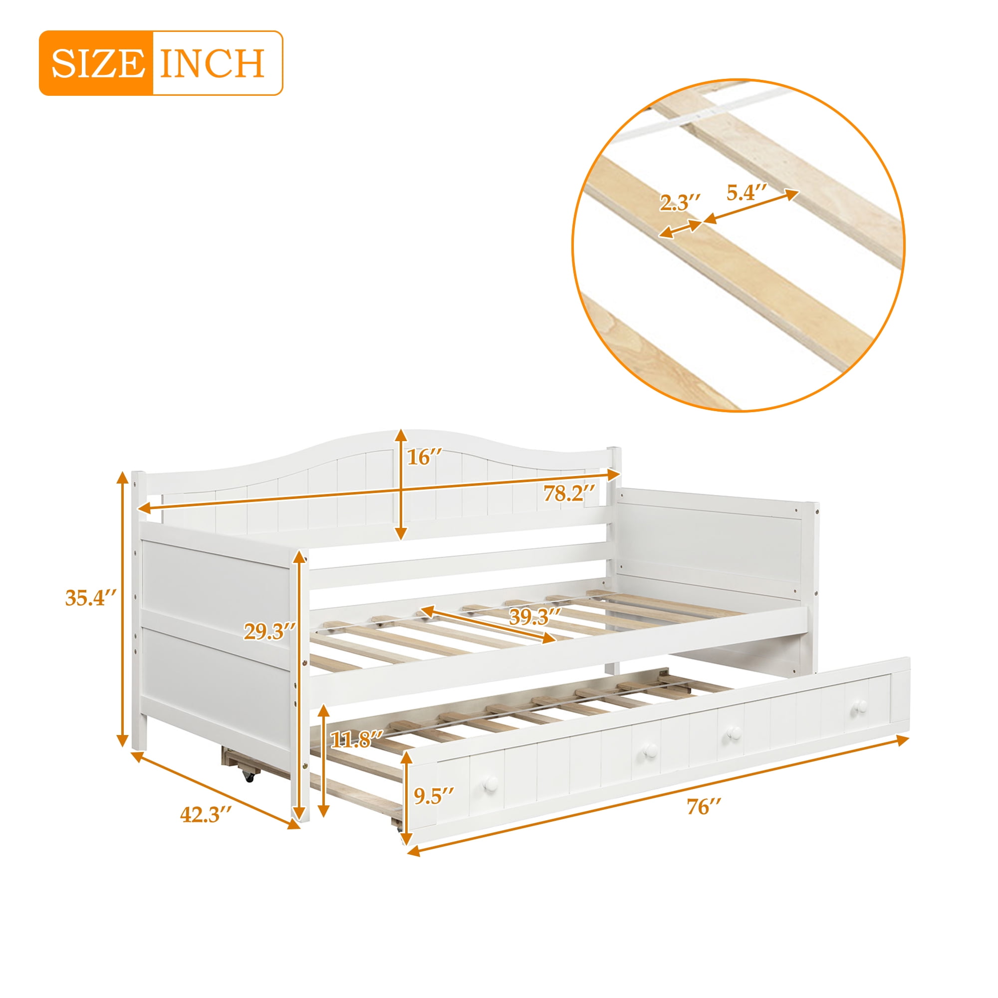 DEALTOPS Wooden Sofa Bed Frame for Bedroom Living Room with Trundle, White