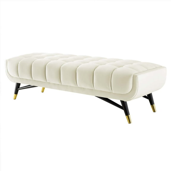 Accent Chair Bench, Velvet, Ivory White, Modern Contemporary Urban Design, Living Lounge Room Hotel Lobby Hospitality