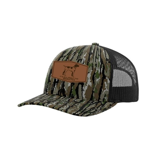 It's All About the South Pointer Outline Laser Engraved Leather Patch Trucker Hat, Bottomland Camo