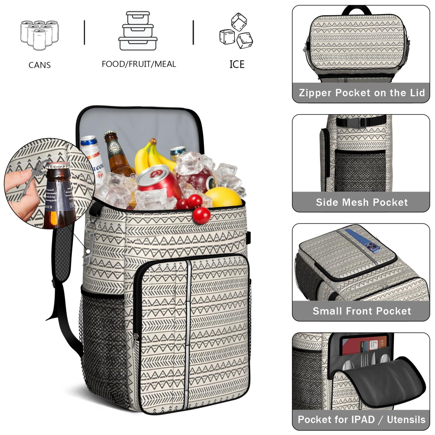 Travel Cooler Bag - Boho Bohemia Pioneer Flower Geometric Line Art Camping Beer Cooler Backpack with Bottle Opener- Waterproof Insulated Picnic Backpacks - Cooler Bag for Beach