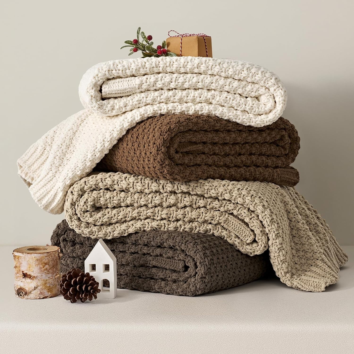 EVERGRACE Chunky Chenille Knit Throw Blanket for Couch, Soft Luxurious Moss Stitch Blankets for Bed, Cozy Decorative Farmhouse Knitted Throws for Sofa, Camel Brown, 60" x 80"