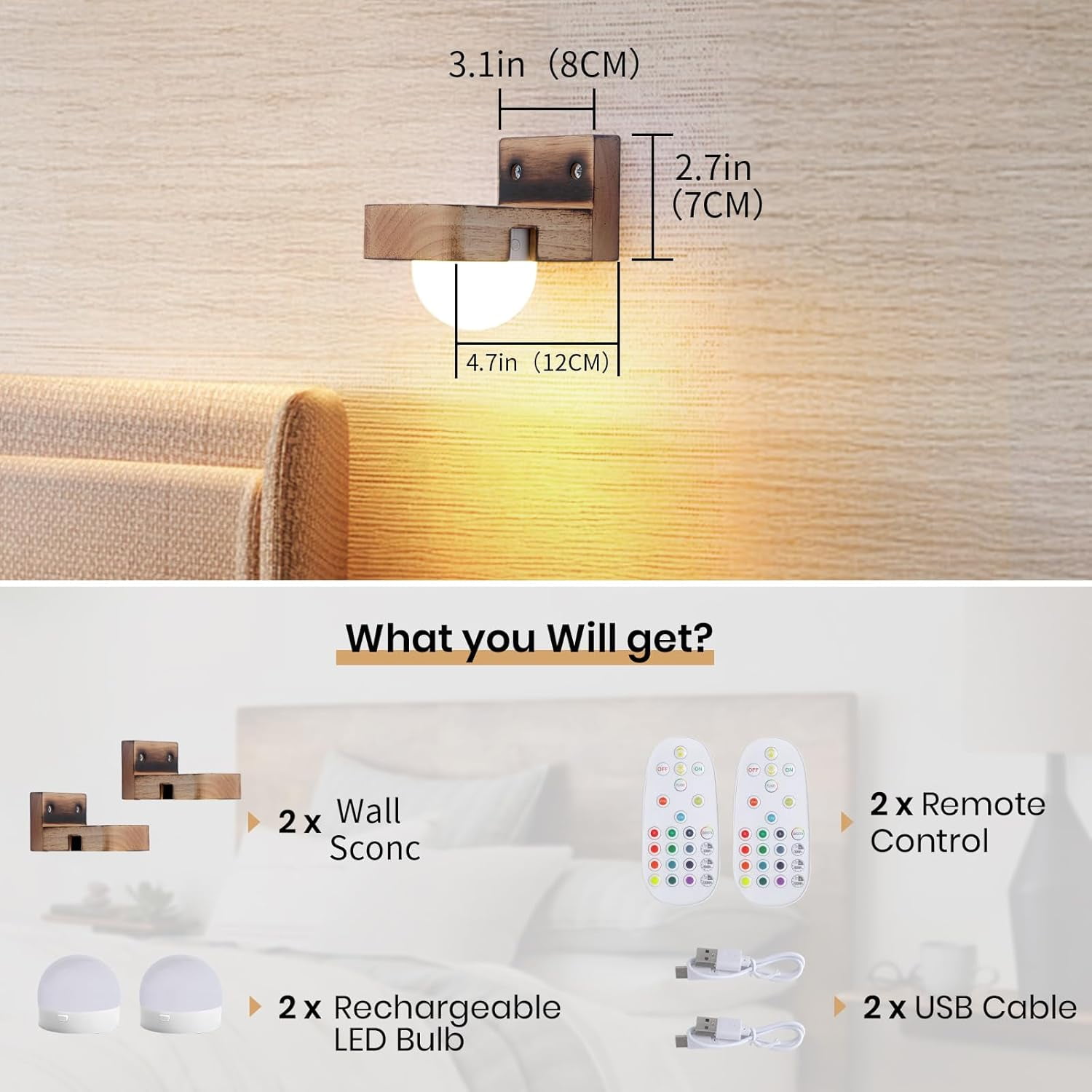 KEESFU Picture Lights for Wall Set of 2, Battery Operated Wall Sconce with Remote,3 Color Dimmable & 12 RGB Rechargeable Wall Sconce,Wireless Wall Light for Pictures Bedroom Display Reading Bedside.