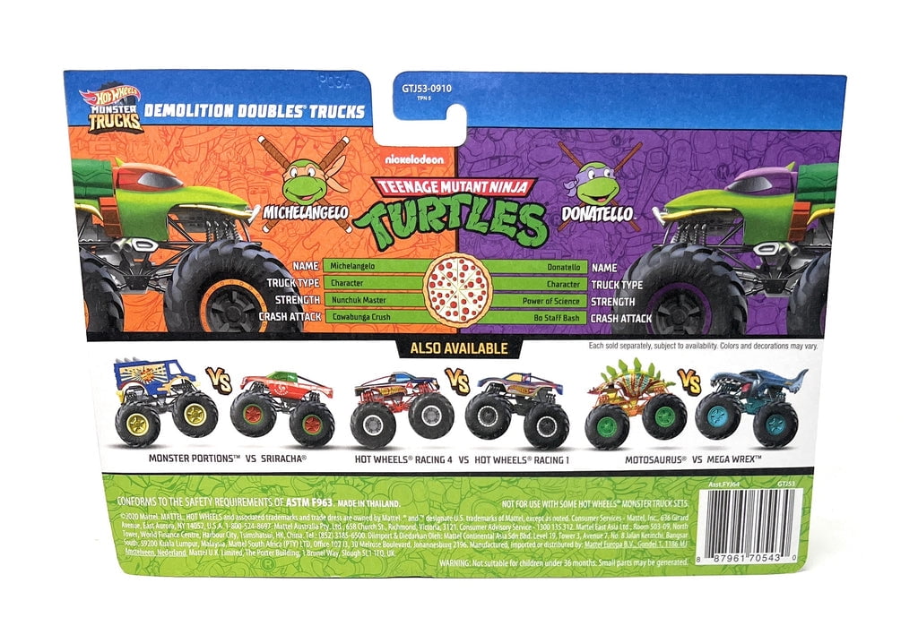 Hot Wheels Monster Trucks TMNT Michelangelo Vs. Donatello 1:64 Scale Demolition Doubles 2-Pack