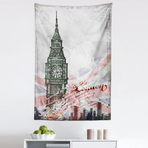 London Tapestry, Hand Drawn Illustration of Big Ben London England Flag Vintage Historic City Design Print, Fabric Wall Hanging Decor for Bedroom Living Room Dorm, 5 Sizes, Grey, by Ambesonne