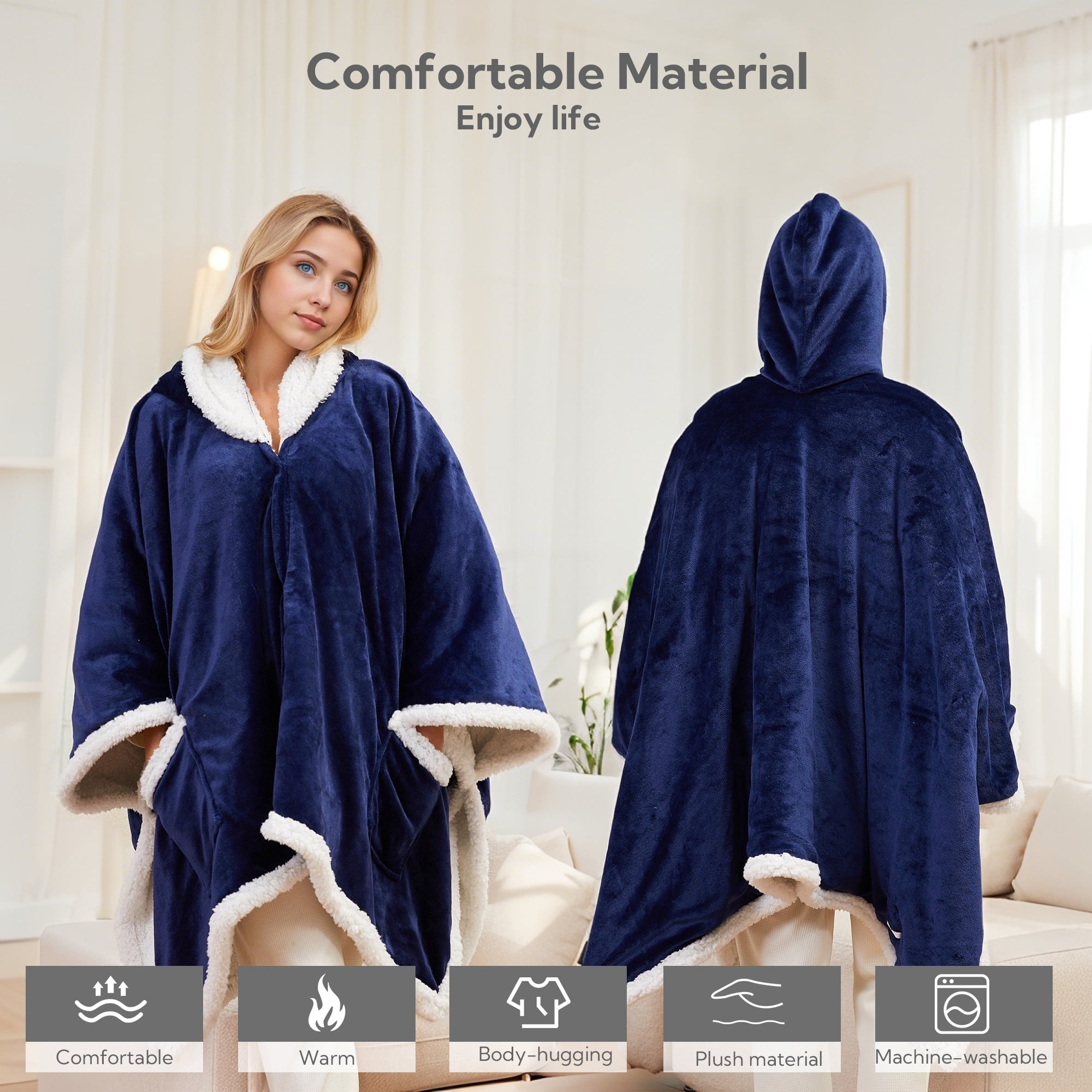 SUNNY HEAT Heated Electric Wearable Throw Blanket with Hood Pockets, 56"x63", Soft Flannel & Sherpa, 3H Auto Shut Off, Machine Washable, Navy blue