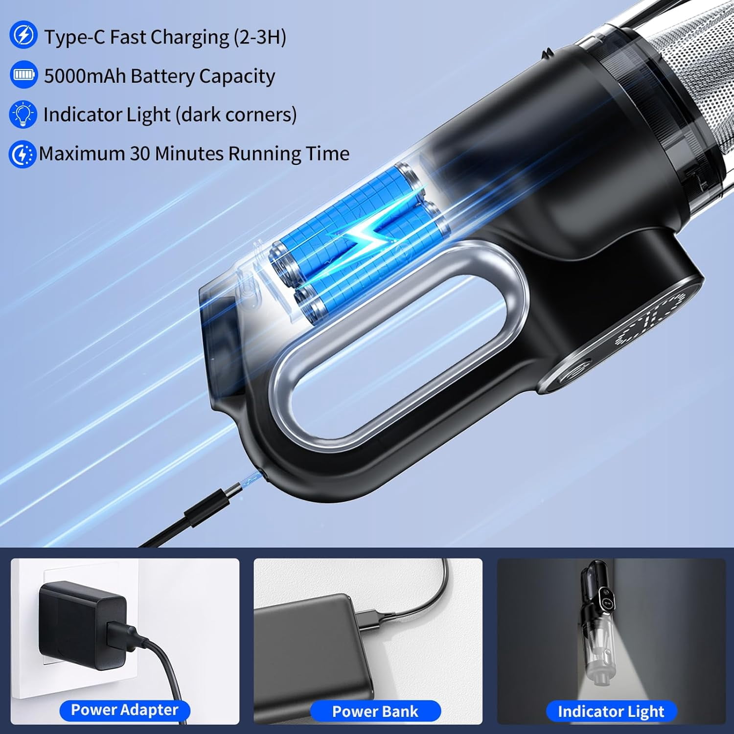 Car Vacuum Portable , 18000Pa 2 in 1 Vacuum Cleaner&Air Duster, 130W Brushless Motor with 7000mAh Battery, LED Light, Multi-Nozzles for Car, Home, Office, Pet