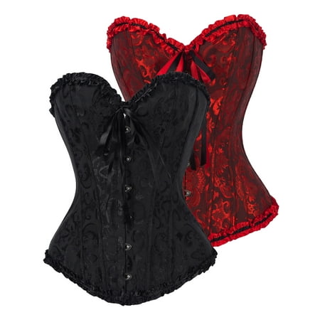 

DODOING 2 Packs Women Satin Lace Sexy Bustier Corset Basque Lace Up Lingerie G-string Set S-6XL