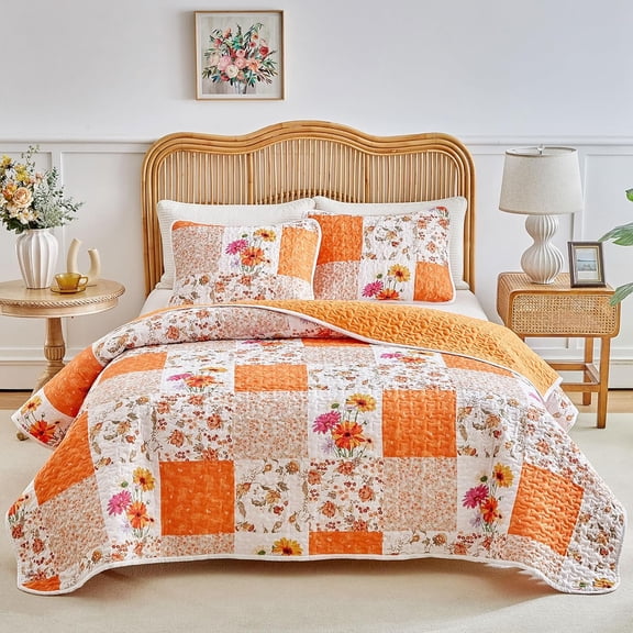 Floral Patchwork Quilt Set Queen Size Orange and White 3-Piece Microfiber Quilt and Shams
