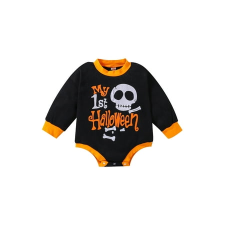 

My 1st Halloween Baby Boy Girl Outfits Long Sleeves Round Neck Cartoon Letter Skull/Bat Print Romper Jumpsuit