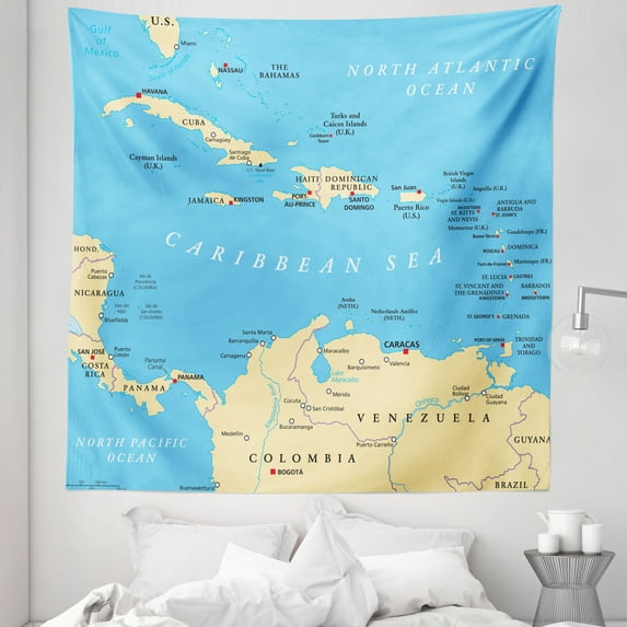 Travel Tapestry, Caribbean Political Map Capitals National Borders Important Cities Rivers Lakes, Fabric Wall Hanging Decor for Bedroom Living Room Dorm, 5 Sizes, Blue Ivory, by Ambesonne