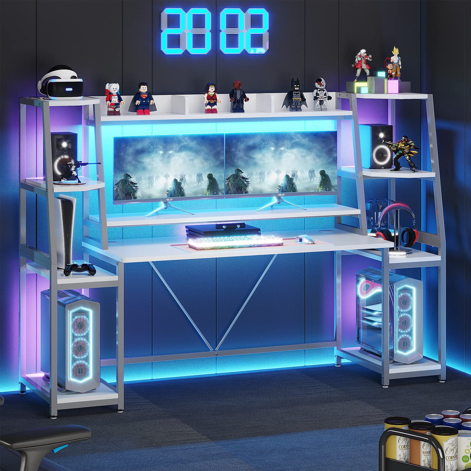 GAMMA Black Gaming Desk with LED Lighting, Shelves & Hutch — FurniComp