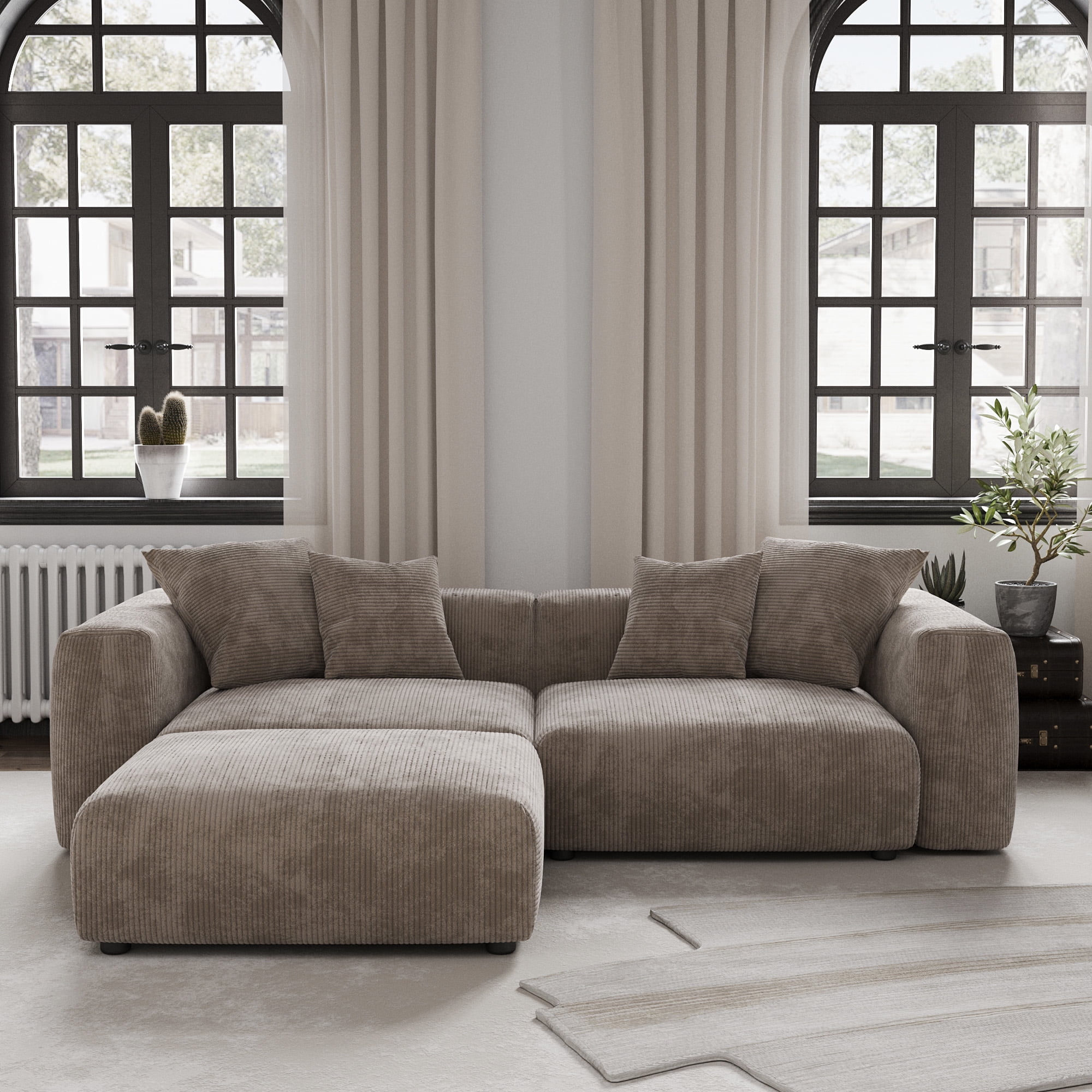 Magic Home Convertible Sectional Sofa Modular Couch,Modern Corduroy Sofa with Pillows for Living Room,Apartment and Small Space,2-Seat Sofa,Brown