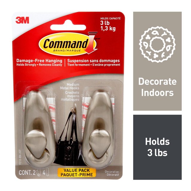 Command™ Medium Forever Classic Brushed Nickel Metal Hooks, FC12-BN-2EF, 2 hooks, 4 strips, value pack