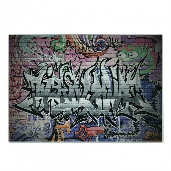 Brick Wall Cutting Board, Graffiti Grunge Art Wall Several Creepy Underground City Urban Landscape Print, Decorative Tempered Glass Cutting and Serving Board, Small Size, Multicolor, by Ambesonne