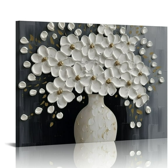 COMIO Painted White Floral Paintings on Canvas Modern Canvas Paintings Wall Decorations Abstract Mural Painting 20x20 Inches Texture Canvas Wall Art