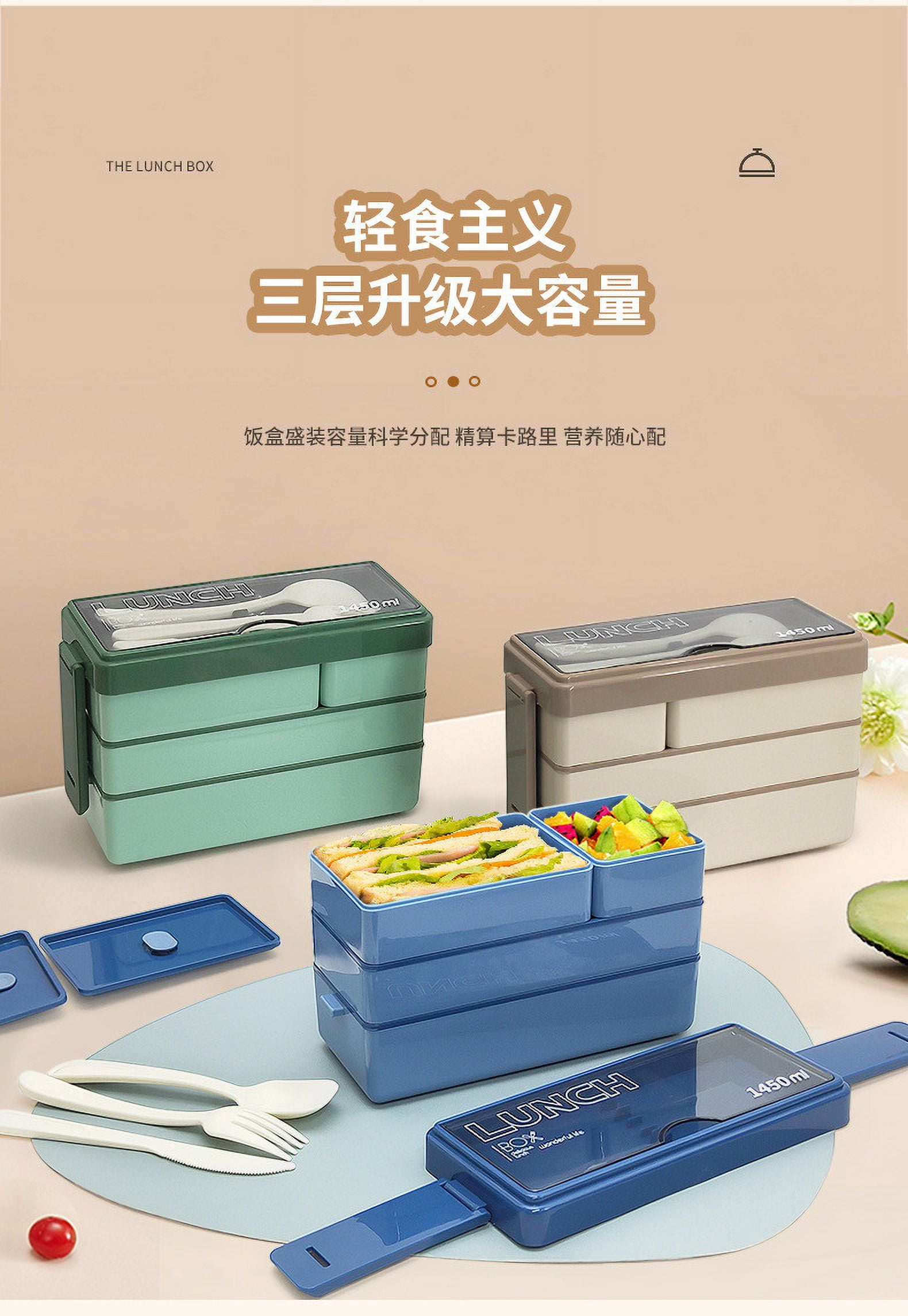 Reusable Bento Boxes,Bento Box Adult Lunch Box,BPA Free Leakproof Built in Reusable Spoon,Three-layer Compartment Lunch Box