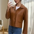 thumbnail image 5 of GigrtiJin Women's Leather Cropped Jacket Solid Color Turndown Collar Button Down Long Sleeve Outcoat Trendy Vintage Outwear, 5 of 7