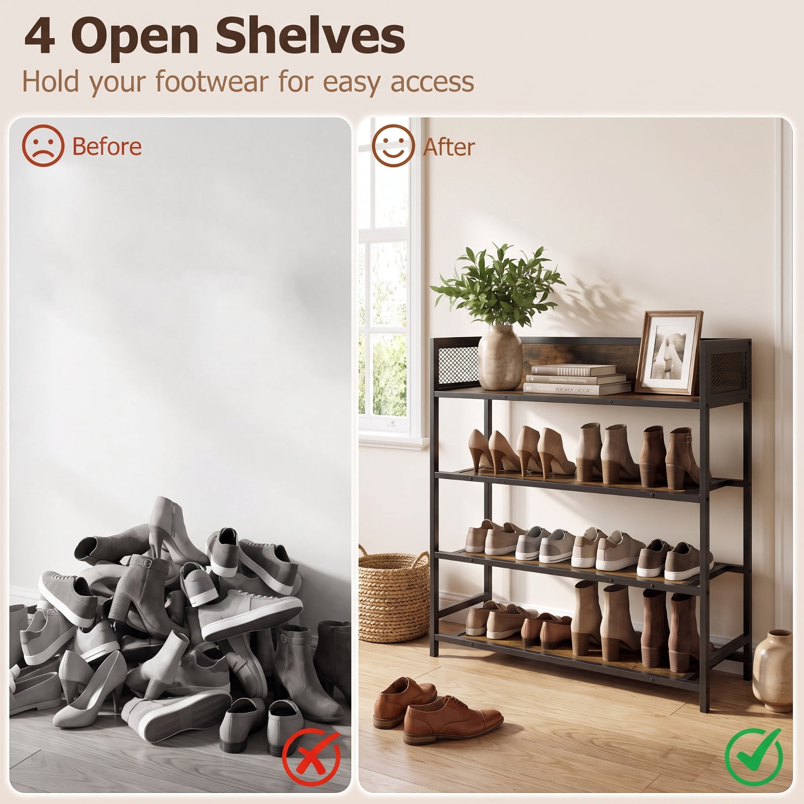 Furnibear 4 Tier Industrial Shoe Rack Organizer with Heavy Duty Metal Frame and Anti Toppling Kit for Entryway Hallway and Closet, Rustic Brown