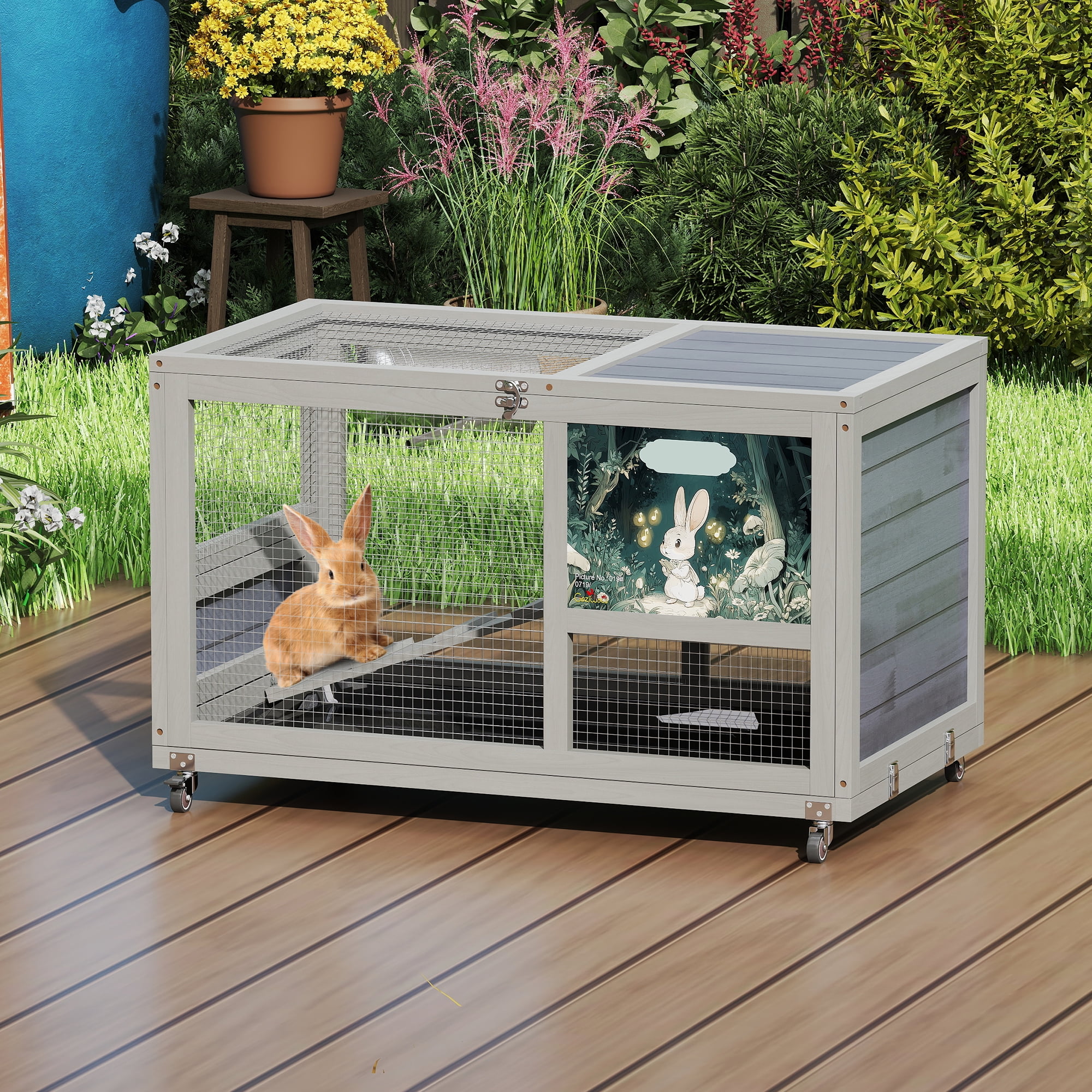 ZephyPaws Indoor Rabbit Hutch,Pet House for Rabbits and Guinea Pigs,Bunny Cage on Wheels,Pull Out Tray,Gray