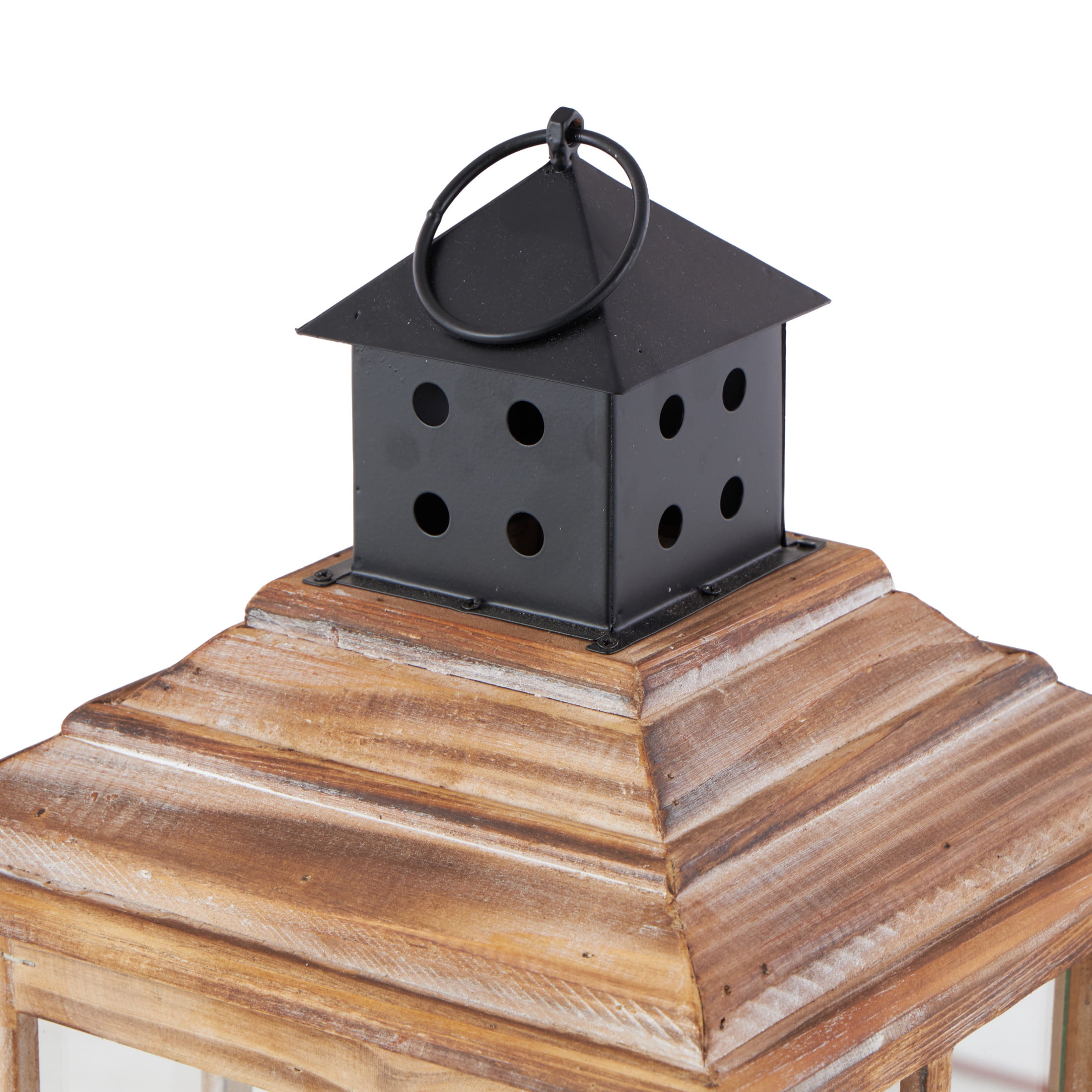 DecMode Brown Wood Light House Decorative Candle Lantern with Black Ring Handle