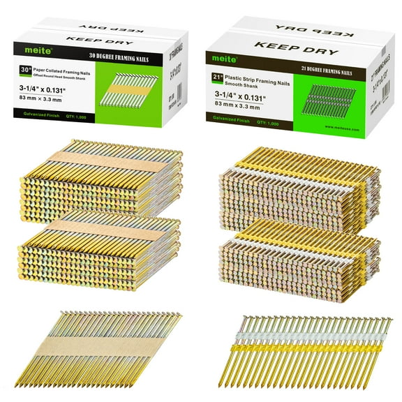 MEITE Collated Nails 21 Degree Plastic and 30 Degree Paper Framing Galvanized Smooth Shank 2000 Pieces 3 1/4 Inch Length