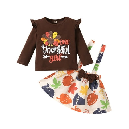 

Sunisery 2PCS Toddler Infant Baby Girls Thanksgiving Cartoon Print Long Sleeve Tops Suspender A-Line Skirt Caramel 2-3 Years