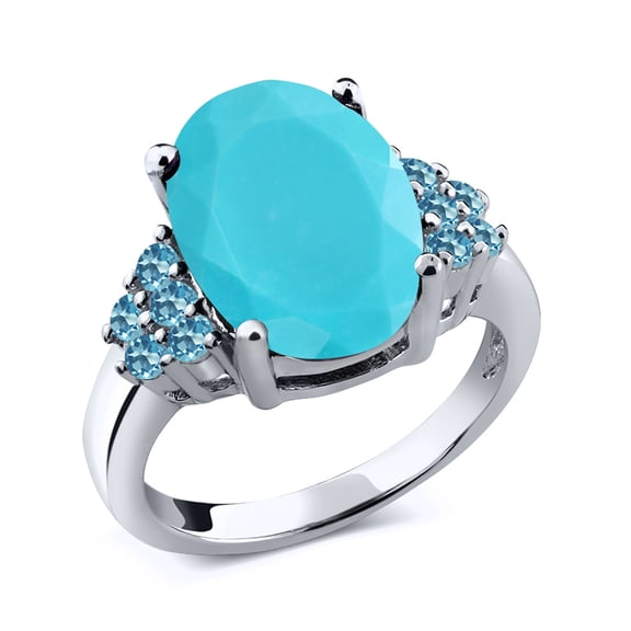 Gem Stone King 3.31 Ct Oval Green Turquoise Swiss Blue Topaz 925 Sterling Silver Ring (Size 9)
