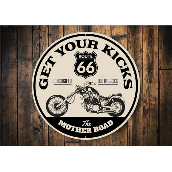 Get Your Kicks The Mother Road Route 66 Novelty Sign, Metal Wall Decor - 12" Round