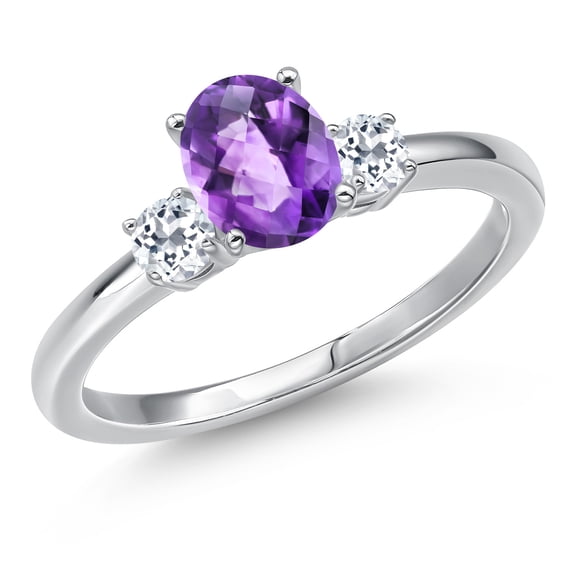 Gem Stone King 14K White Gold Purple Amethyst and White Topaz Engagement Ring for Women | 1.03 Cttw | Oval Checkerboard 7X5MM | Gemstone February Birthstone | Size 9