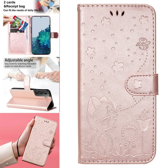SaniMore for Samsung Galaxy S23 Plus 6.6" 2023 Case, PU Leather Skin with Embossed Cat Flip Magnetic Cover Card Slots Kickstand Detachable Lanyard Full Around Wallet Case For Galaxy S23 Plus, Rosegold