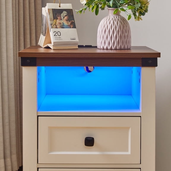 Farmhouse Side Table with Charging Station, Antique Nightstands with Drawers, Bedside Table with Open Shelf for Bedroom, White