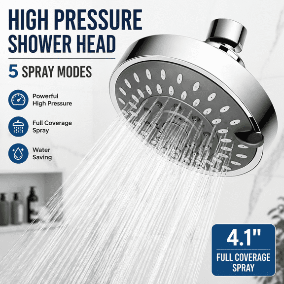 4 Inch High Pressure Shower Head, 5 Spray Modes Fixed Bathroom Showerhead with Adjustable Settings, Chrome Finish High Flow Water Saving Shower Head