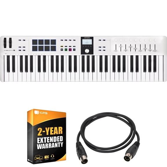 Arturia KeyLab Essential Mk3 61-Key USB MIDI Controller Keyboard, White 231531 Bundle with 2 YR CPS Extended Warranty and OnStage MDC-5 5-Ft Male-to-Male MIDI Cable