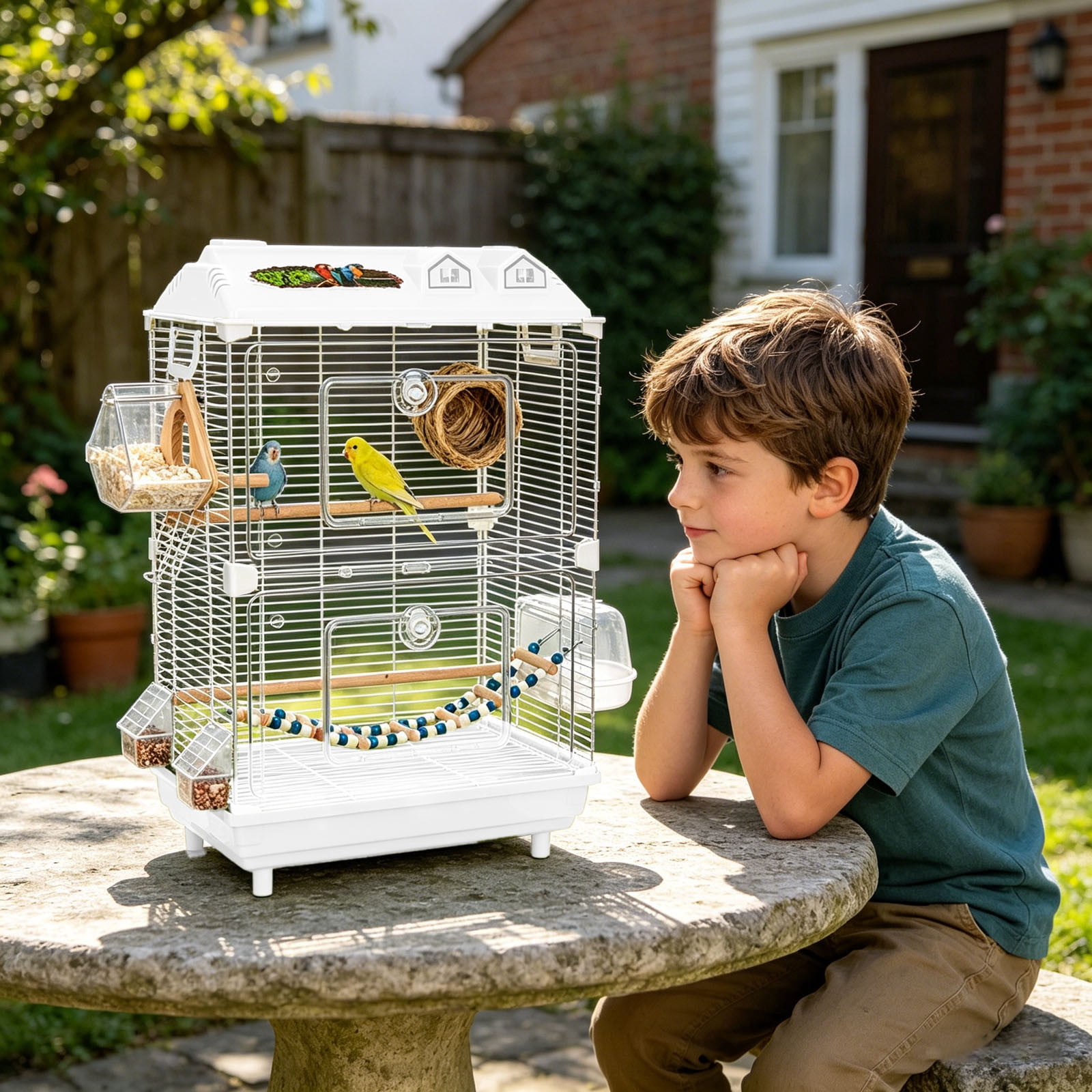 Large Wrought Iron Rolling Bird Cage with Detachable Stand Spacious Flight Aviary for Parakeets Finches Small Pet Birds | 18.50x11.81x30.31 in Beige