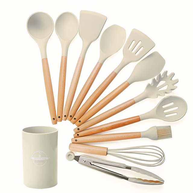Juego de Utensilios de Cocina | Kit 12 Piezas de Cocina | Set de Instrumentos de Silicona | Mango de Madera Resistentes | Herramientas de Cocina Multifuncionales