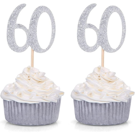 12pcs Silver Number 60 60th Birthday Cupcake Toppers Celebrating Anniversary Party Decors - Giuffi