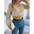 thumbnail image 4 of Women'S Cropped Sweater V-Neck Long Sleeve Crop Sweater Pullover Jumper Knit Top Khaki XL, 4 of 8