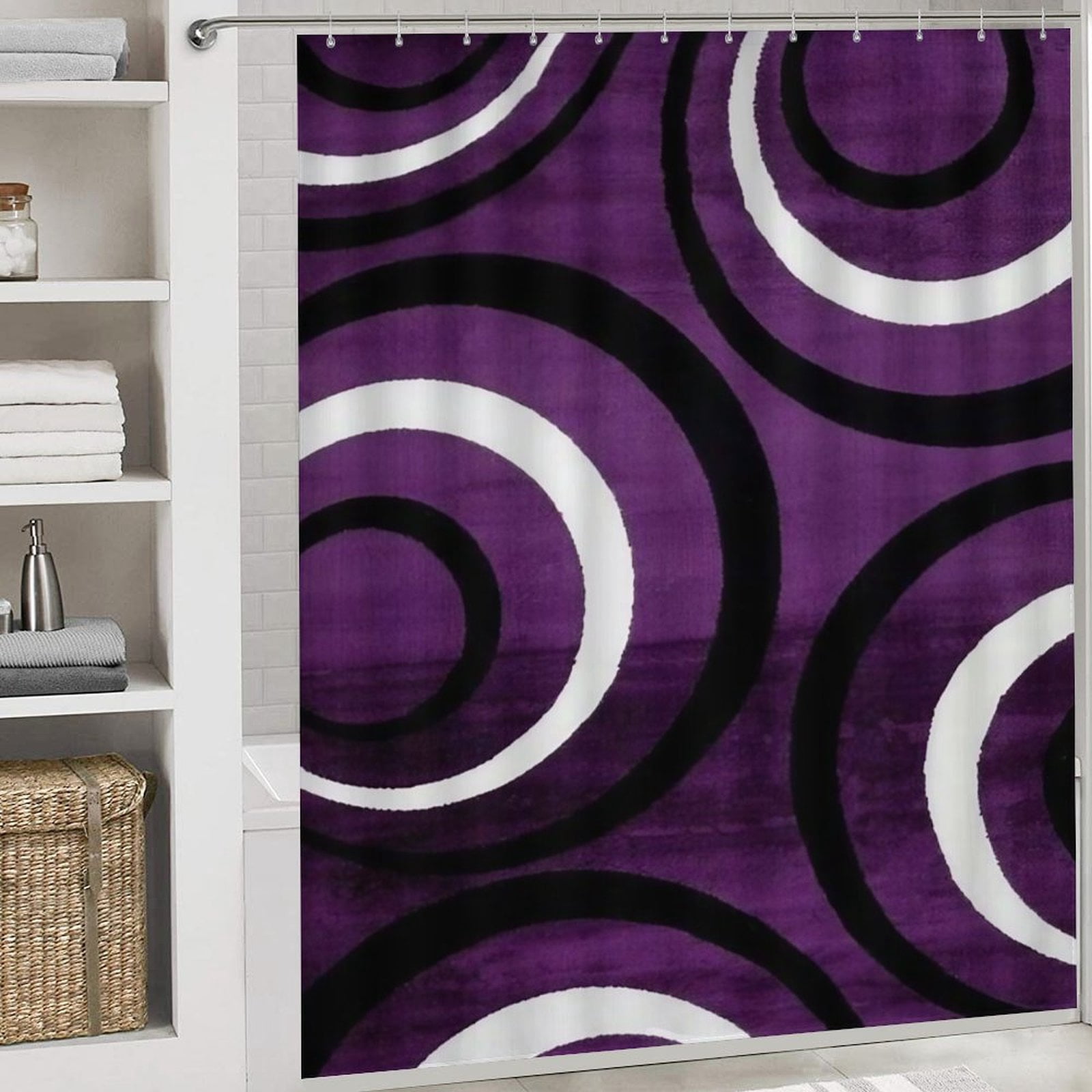 Geometric Circle Stripe 4 Piece Shower Curtain Sets, Non-Slip Rugs, Toilet Lid Cover And Bath Mat, for Bathroom Decor Set, 72" X 72"