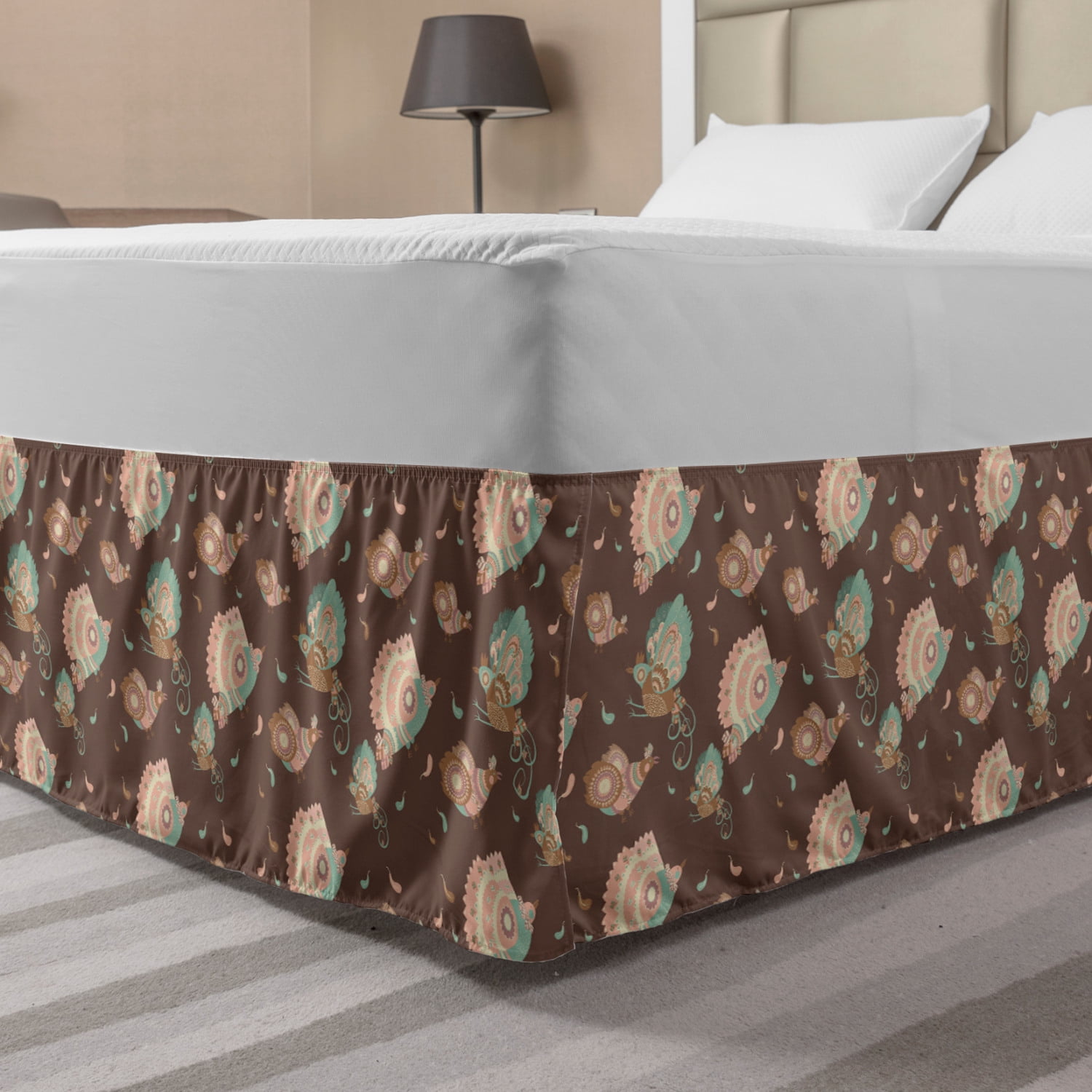 Peacock Bed Skirt, Repetitive Rustic Poultry in Zentangle Details Style in Nature Tones, Elastic