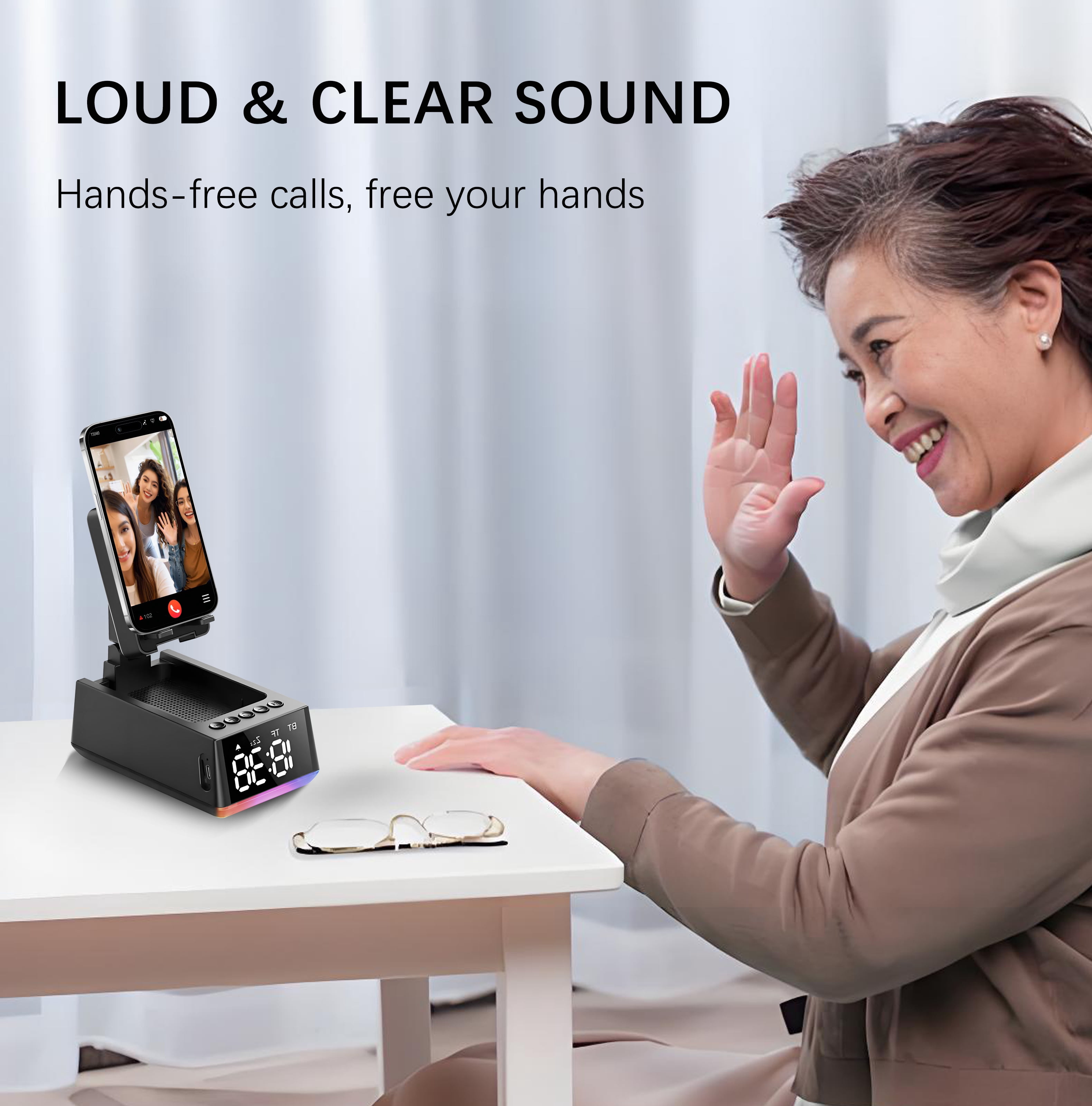 Wireless Induction Speaker Bluetooth Speaker Phone Stand with Auto-Sync Alarm Clock, HD Display & Adjustable Holder, Unique Gifts for Men Women, Dad Mom