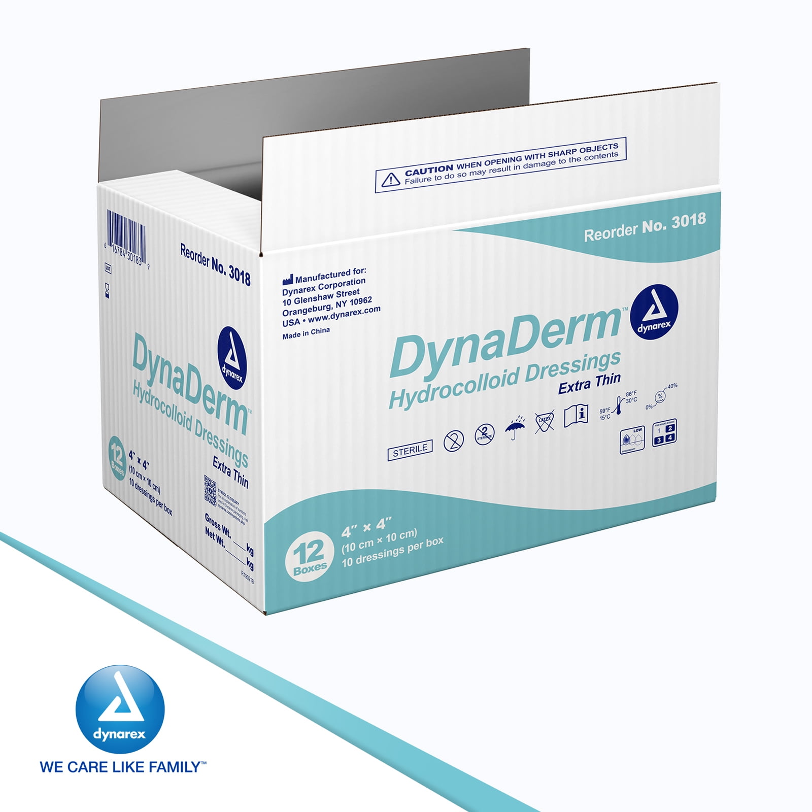 Dynarex DynaDerm Hydrocolloid Dressings, Sterile Moist Bandages Used for All Kinds of Wounds, 4" x 4", X-Thin & Latex-Free, Peel-Down Patches - 1 Case, 12 Boxes of 10 Dressings