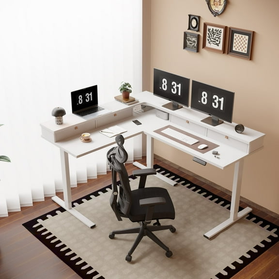 FlexiSpot 63 Inch L Shaped Standing Desk with Drawers and Shelf, Electric Adjustable Workstation with USB Charging for Home Office, White Top and Frame