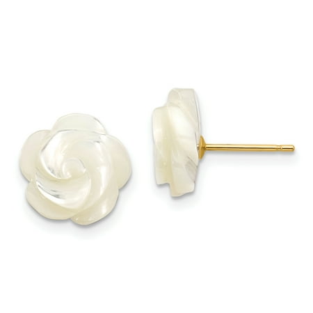 - 14kt Yellow Gold 10mm White Mother Of Pearl Flower Design Post Stud Ball Button Earrings Gardening Fine Jewelry For Women Gift Set